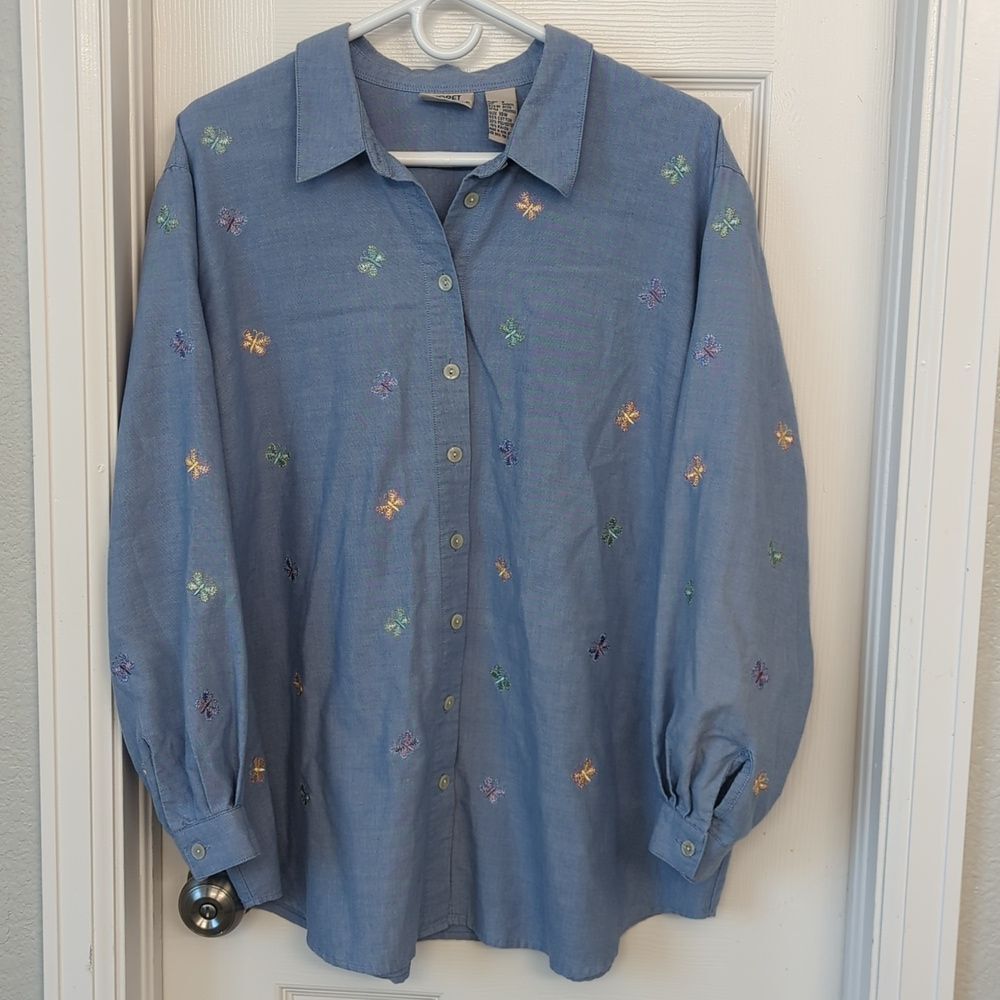 Koret City Blues vintage long sleeve button down top with butterflies size 18W